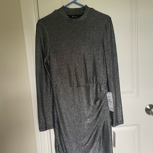 Metallic Ruched Tulip-Hem Mock-Neck Dress Medium - Picture 1 of 4